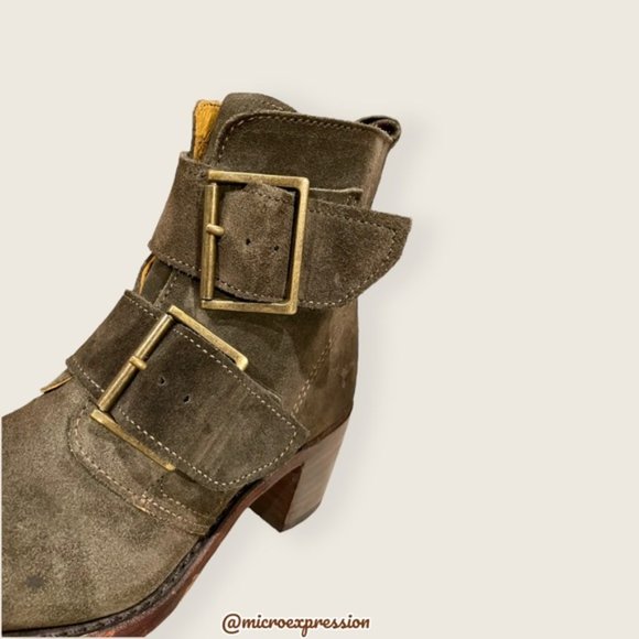 $399 Frye Sabrina Double Buckle Academia Green Suede Leather Moto Ankle Booties - Picture 14 of 15